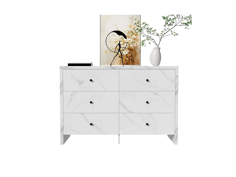 Buffet avec 6 tiroirs - Panneau de particules - aspect en marbre blanc - 120 x 40 x 80 CM