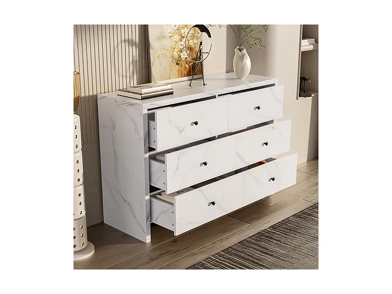 Buffet mit 6 Schubladen - Spanplatte - Weißes Marmor-Design - 120x40x80cm