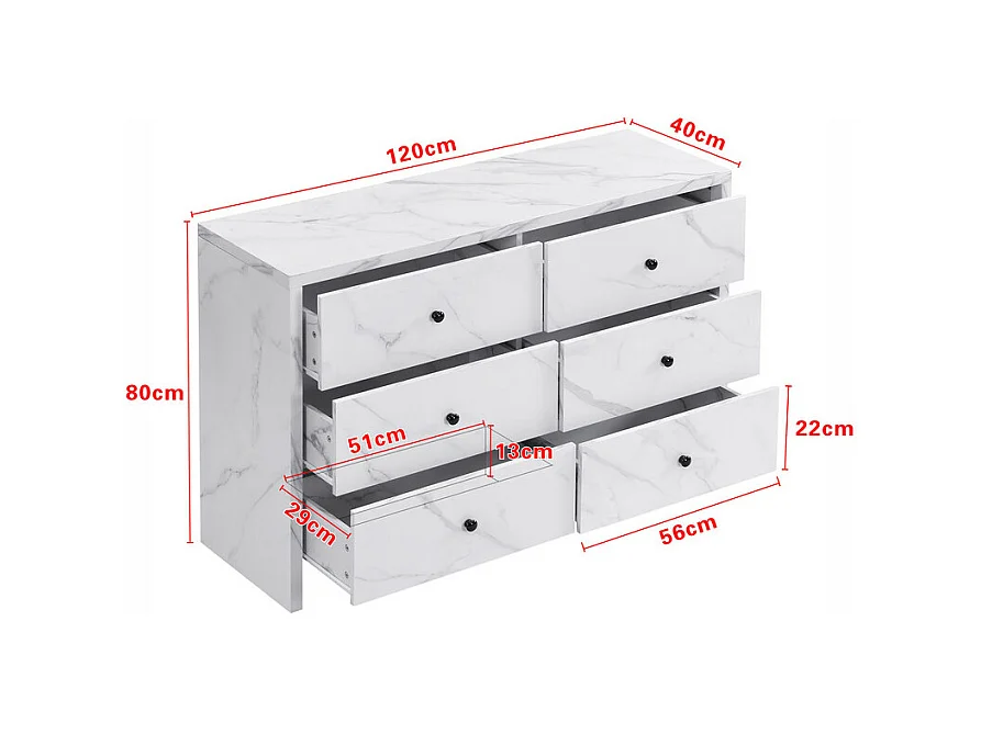 Buffet mit 6 Schubladen - Spanplatte - Weißes Marmor-Design - 120x40x80cm