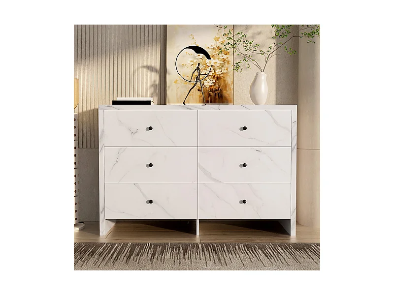 Buffet mit 6 Schubladen - Spanplatte - Weißes Marmor-Design - 120x40x80cm