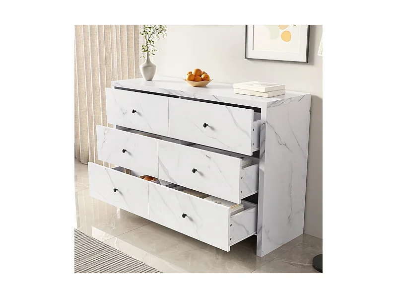 Buffet mit 6 Schubladen - Spanplatte - Weißes Marmor-Design - 120x40x80cm