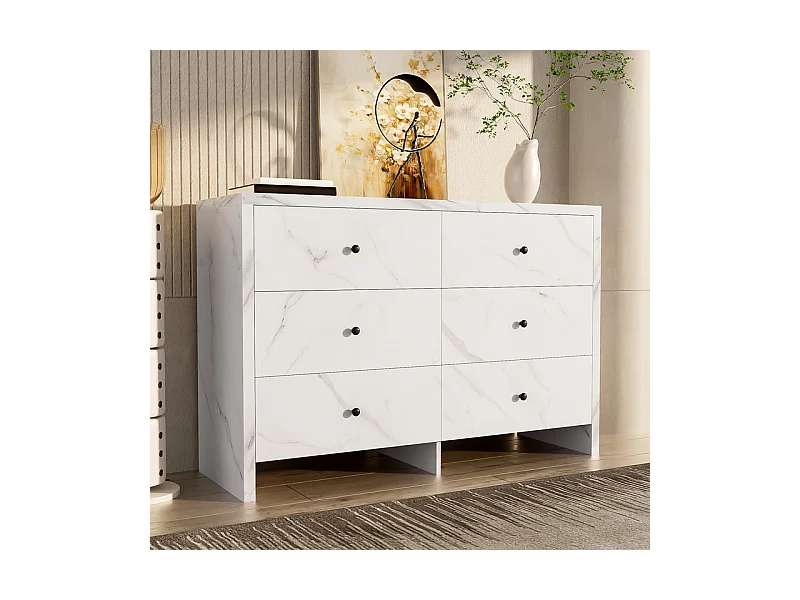 Buffet mit 6 Schubladen - Spanplatte - Weißes Marmor-Design - 120x40x80cm
