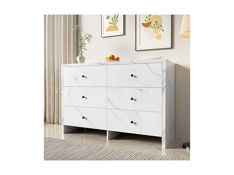Buffet mit 6 Schubladen - Spanplatte - Weißes Marmor-Design - 120x40x80cm
