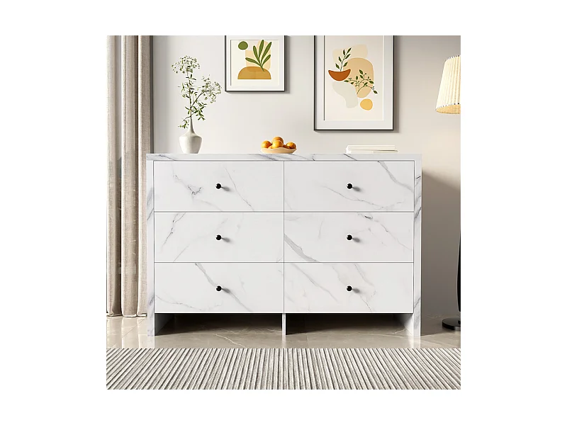 Buffet mit 6 Schubladen - Spanplatte - Weißes Marmor-Design - 120x40x80cm
