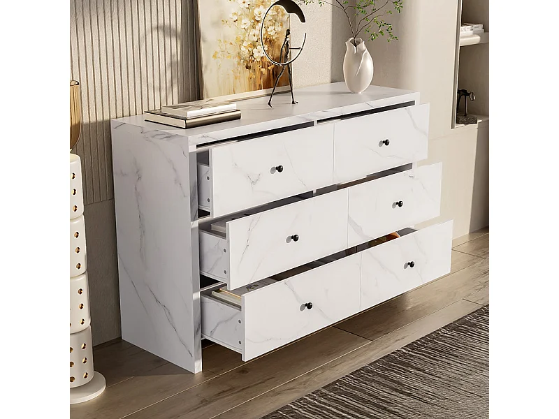 Buffet avec 6 tiroirs - Panneau de particules - aspect en marbre blanc - 120 x 40 x 80 CM