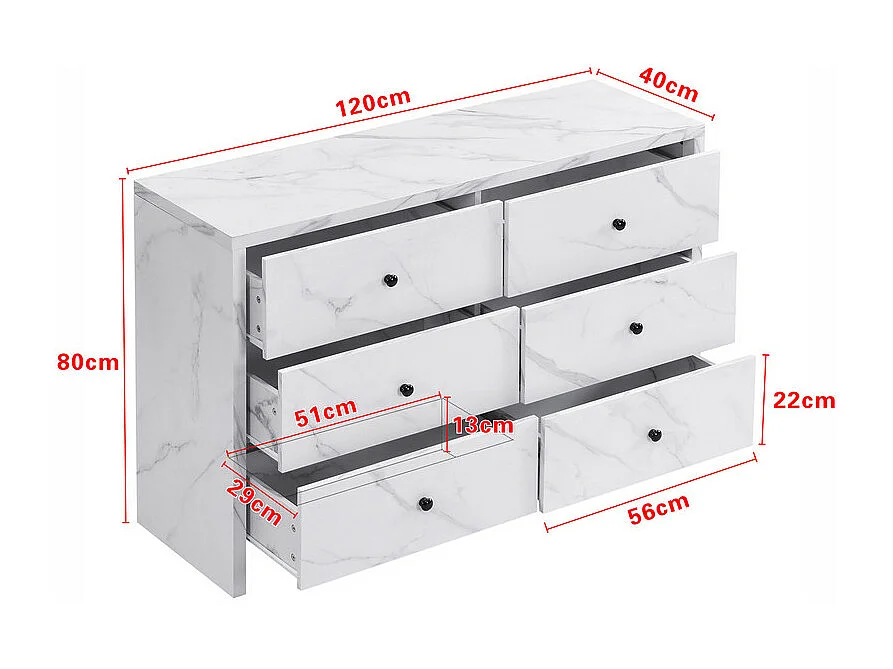 Buffet avec 6 tiroirs - Panneau de particules - aspect en marbre blanc - 120 x 40 x 80 CM