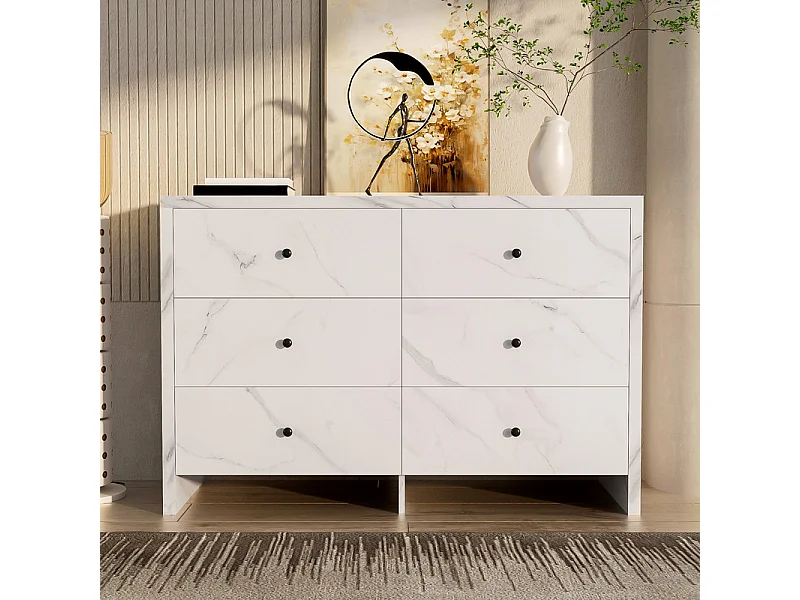 Buffet avec 6 tiroirs - Panneau de particules - aspect en marbre blanc - 120 x 40 x 80 CM