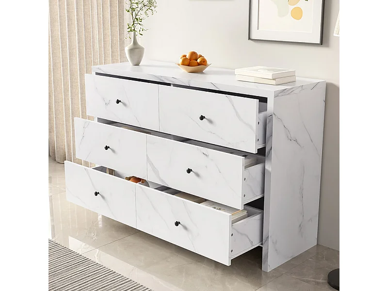 Buffet avec 6 tiroirs - Panneau de particules - aspect en marbre blanc - 120 x 40 x 80 CM