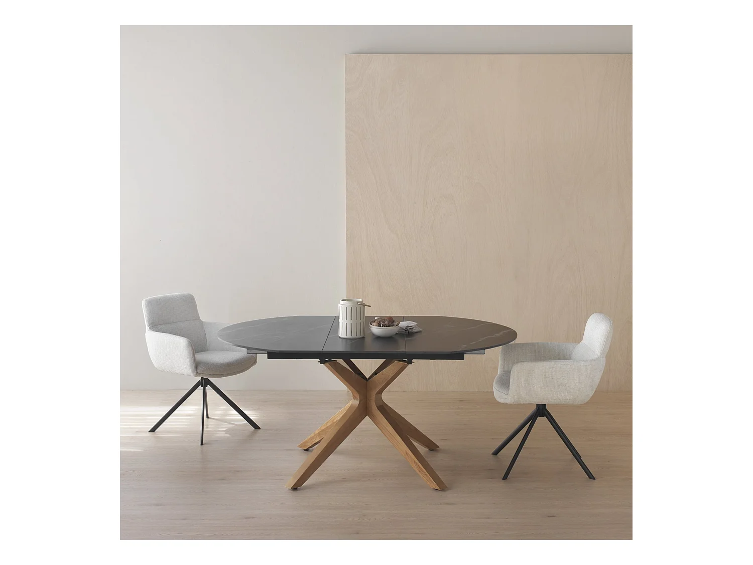 Mesa de extensão de folhas 120/160x90 com base em carvalho e tampo em cerâmica preta