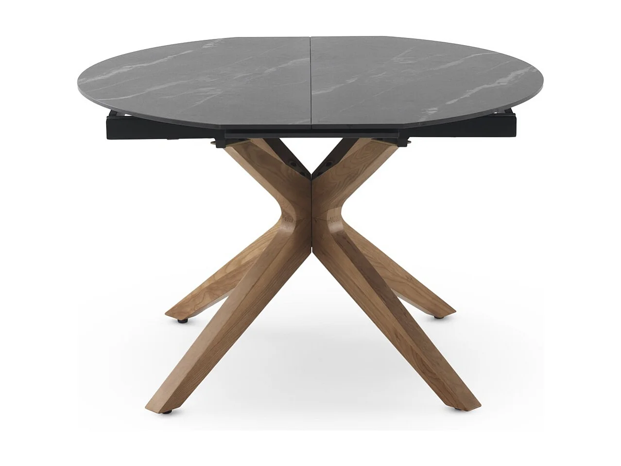 Uitschuifbare tafel 120/160x90 met eikenhouten poot en zwart keramisch blad