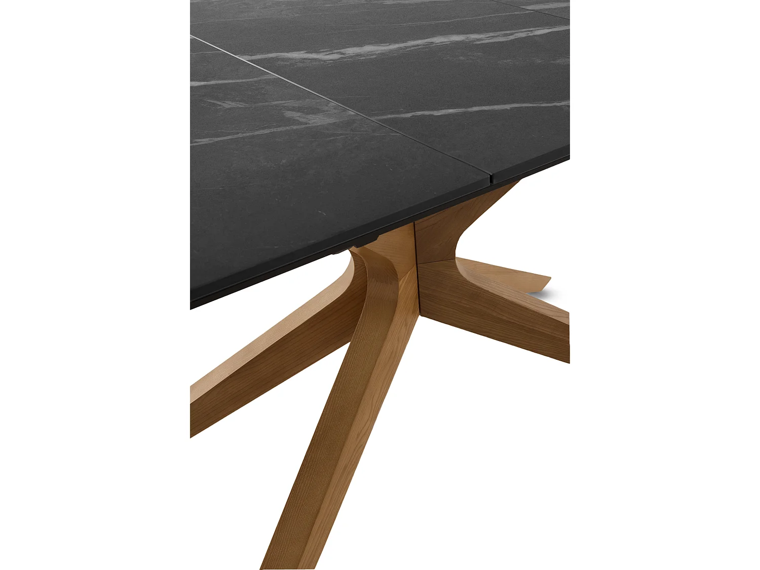 Mesa de folhas extensível 160/200x90 com base em carvalho e tampo em cerâmica preta