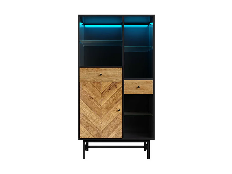 Vitrine avec 1 porte 2 tiroirs et 3 étagères en verre  - 12 couleurs LEDs - Naturel et noir - 80x40x150.5cm