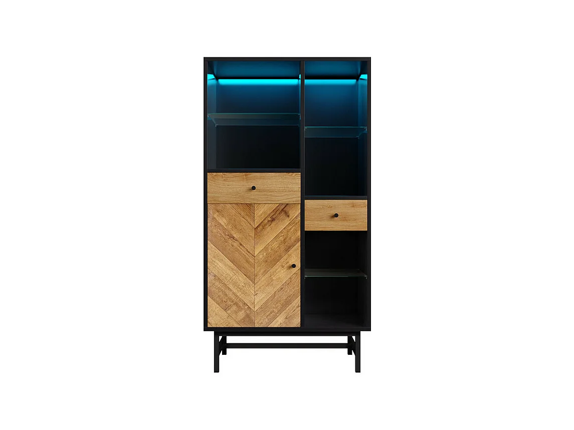 Vitrina com 1 porta, 2 gavetas e 3 prateleiras de vidro - LED de 12 cores - Natural e preto - 80x40x150.5cm