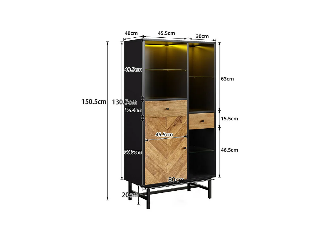 Vitrine mit 1 Tür, 2 Schubladen und 3 Glasregalen - 12 Farben LED - Natur und schwarz - 80x40x150.5cm