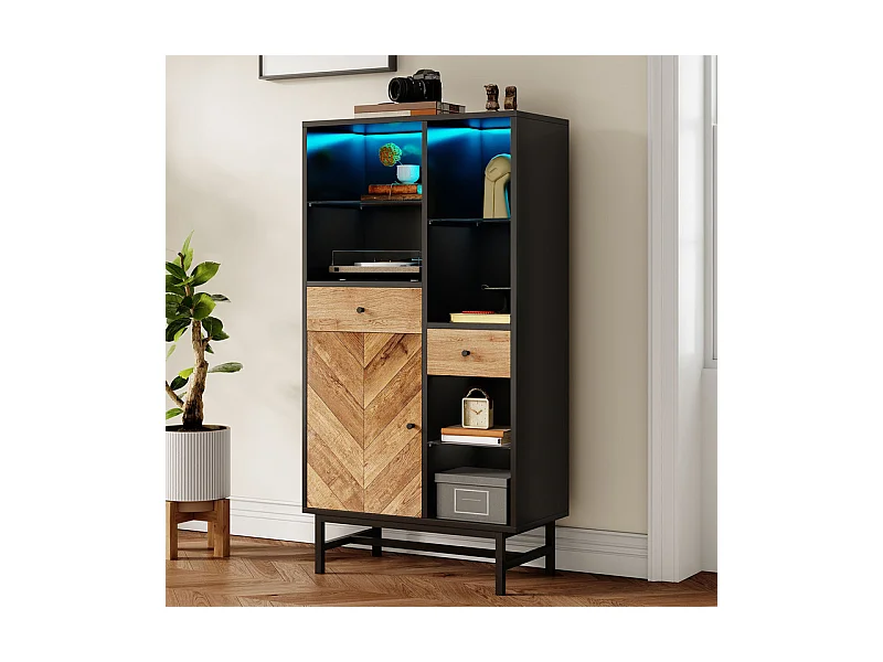 Vitrine mit 1 Tür, 2 Schubladen und 3 Glasregalen - 12 Farben LED - Natur und schwarz - 80x40x150.5cm