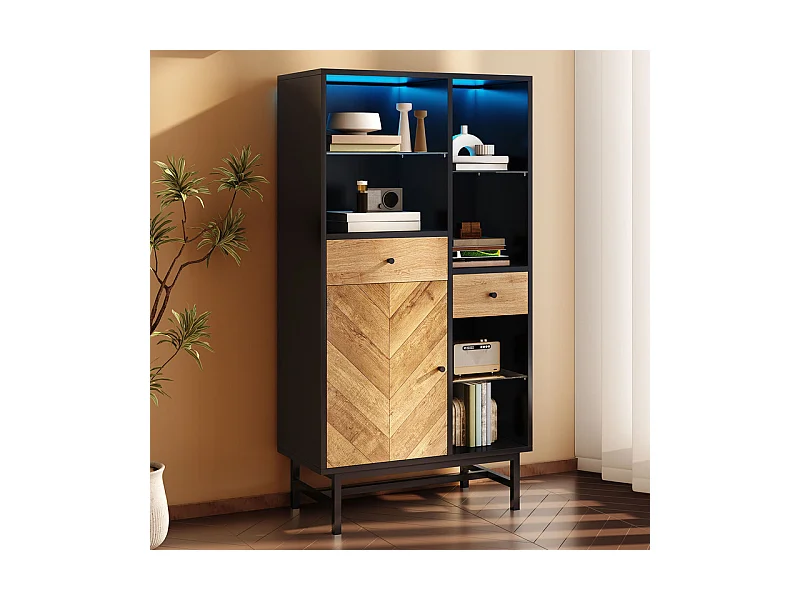 Vitrine mit 1 Tür, 2 Schubladen und 3 Glasregalen - 12 Farben LED - Natur und schwarz - 80x40x150.5cm