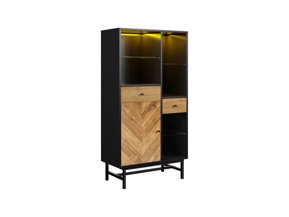 Vitrine mit 1 Tür, 2 Schubladen und 3 Glasregalen - 12 Farben LED - Natur und schwarz - 80x40x150.5cm