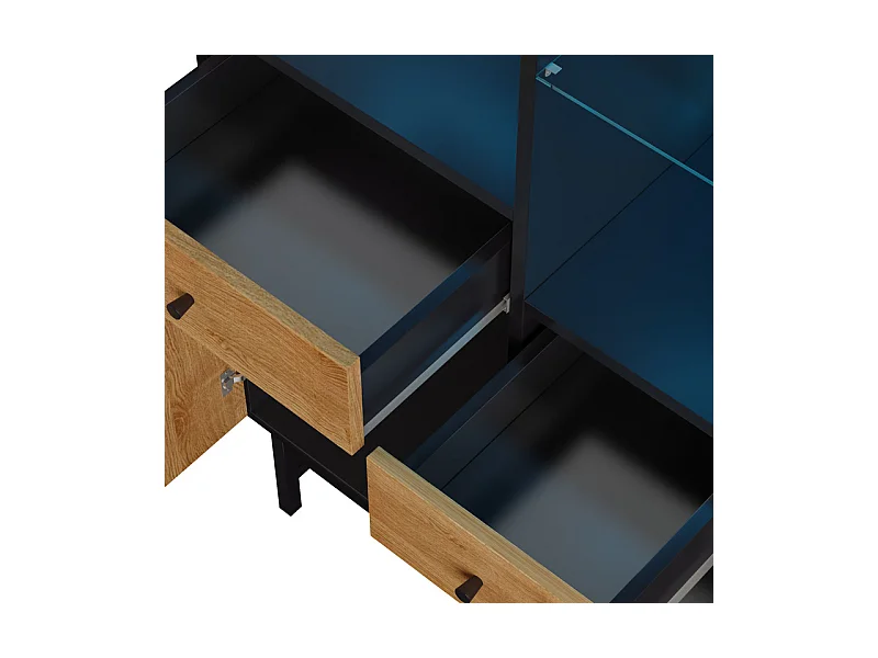 Vitrine mit 1 Tür, 2 Schubladen und 3 Glasregalen - 12 Farben LED - Natur und schwarz - 80x40x150.5cm