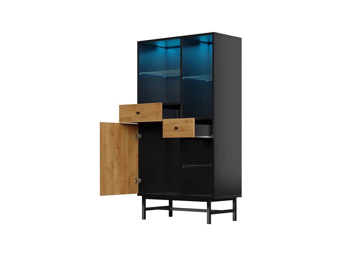 Vitrine mit 1 Tür, 2 Schubladen und 3 Glasregalen - 12 Farben LED - Natur und schwarz - 80x40x150.5cm