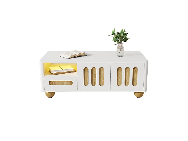 Table basse rectangulaire 4 portes 2 tiroirs - avec LED et pieds sphériques - 105x50x40cm