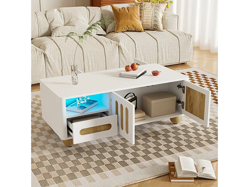 Rechthoekige salontafel 4 deuren, 2 lades - Met LED en bolpoten - 105x50x40cm