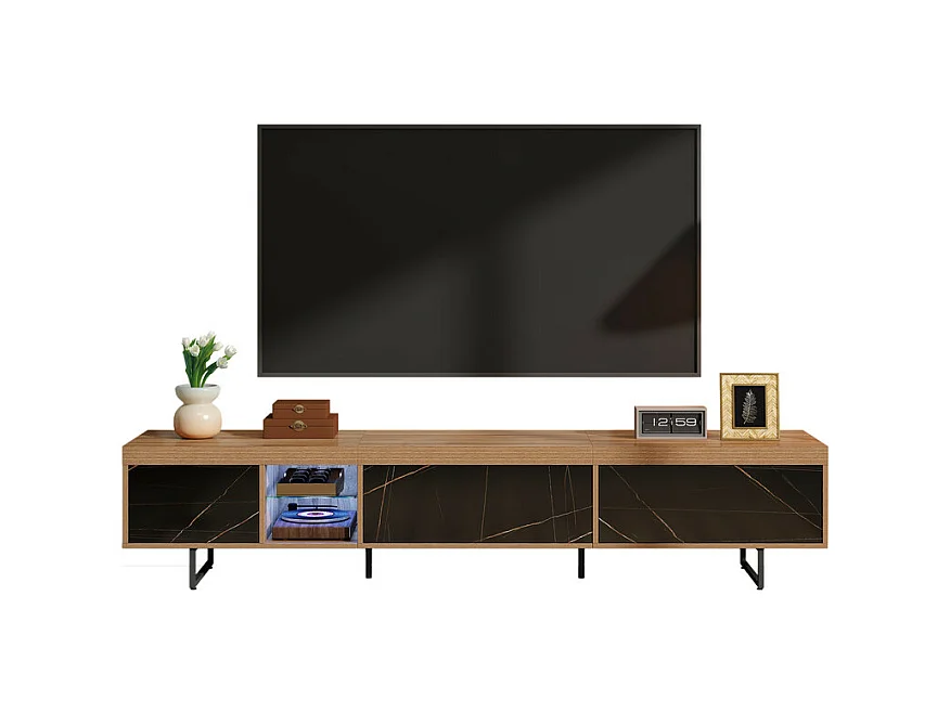 Meuble TV 3 portes et niche - avec LED et étages en verre - MDF - charge max 80kg - Naturel - 170x34x50cm