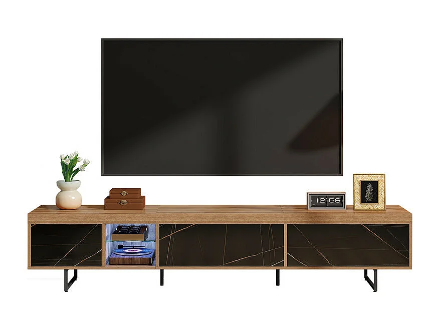 Meuble TV 3 portes et niche - avec LED et étages en verre - MDF - charge max 80kg - Naturel - 170x34x50cm