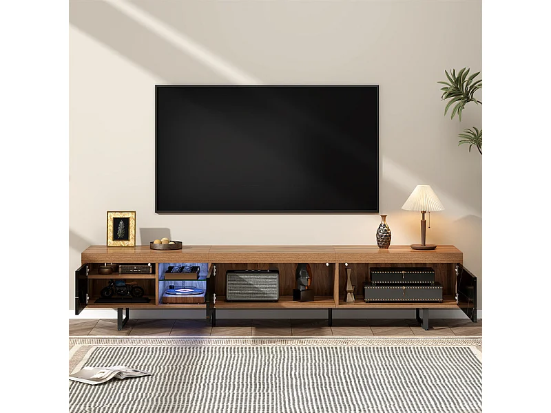 Meuble TV 3 portes et niche - avec LED et étages en verre - MDF - charge max 80kg - Naturel - 170x34x50cm