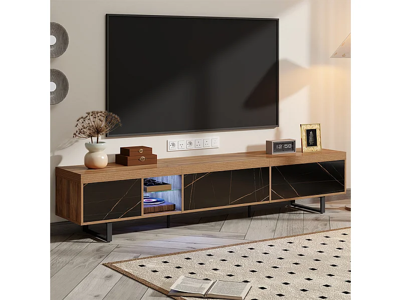 Meuble TV 3 portes et niche - avec LED et étages en verre - MDF - charge max 80kg - Naturel - 170x34x50cm
