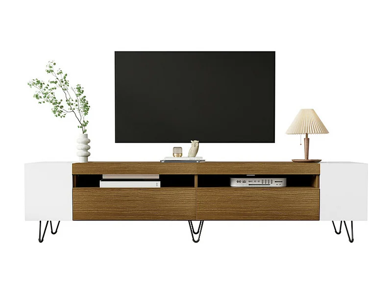 TV-Schrank 180cm mit Tür und 2 Fächern - Spanplatte und MDF - max. Belastung 60kg - Weiß + Natur