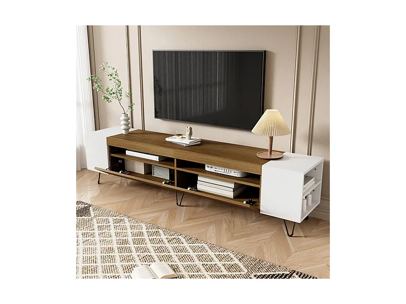 TV-meubel 180cm met deur en 2 nissen - Spaanplaat en MDF - max. belasting 60kg - Wit + Natuur