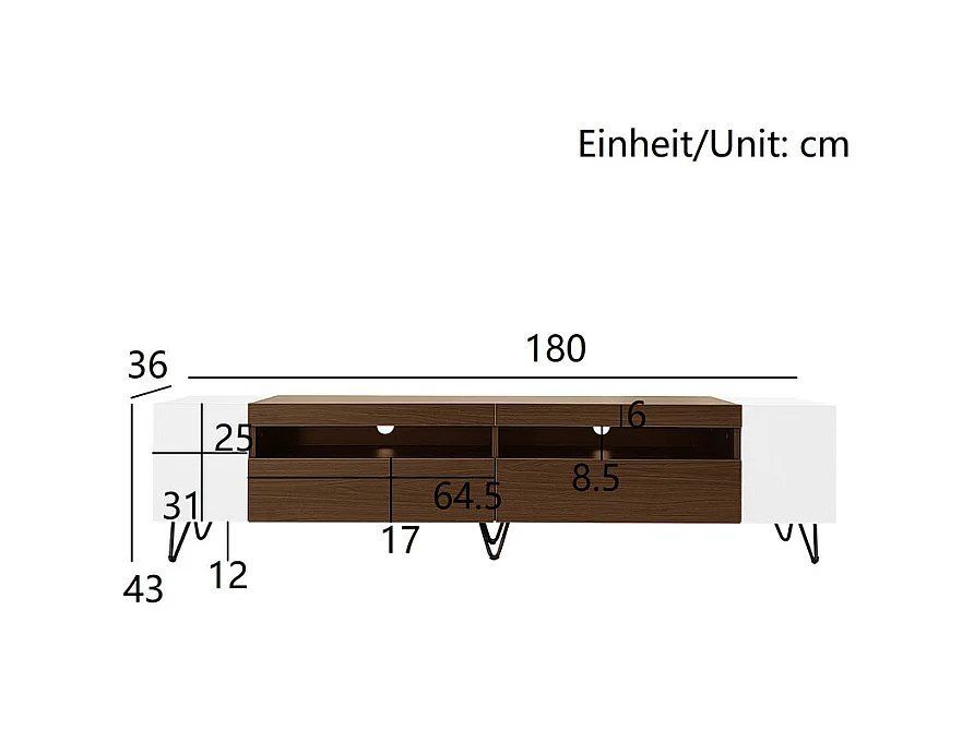 TV-meubel 180cm met deur en 2 nissen - Spaanplaat en MDF - max. belasting 60kg - Wit + Natuur