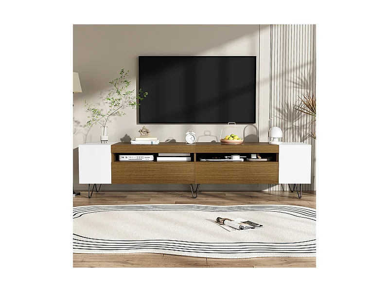 TV-meubel 180cm met deur en 2 nissen - Spaanplaat en MDF - max. belasting 60kg - Wit + Natuur
