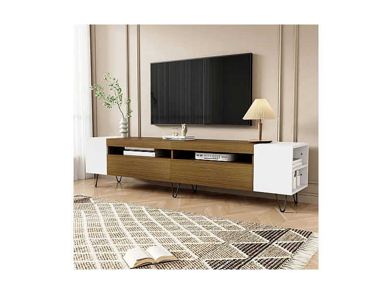 TV-meubel 180cm met deur en 2 nissen - Spaanplaat en MDF - max. belasting 60kg - Wit + Natuur