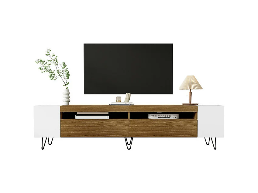 Meuble TV 180cm avec porte et 2 niches - Panneau de particules et MDF - charge max 60kg - Blanc + Naturel