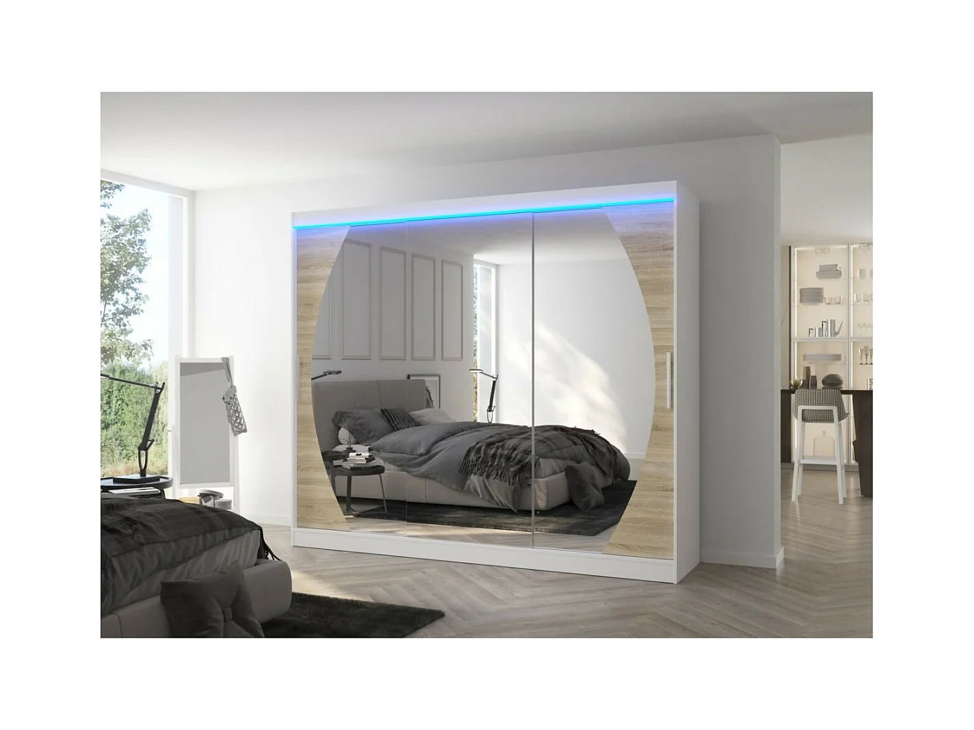 Armadio Bambe Lux (250cm)/ante scorrevoli/specchio/LED/Bianco&Sonoma