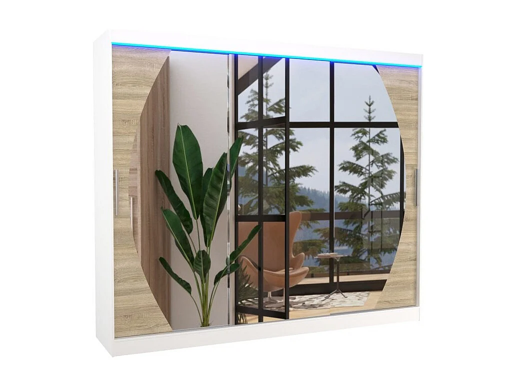 Kleiderschrank Bambe Lux (250cm)/Schiebetüren/Spiegel/LED/Weiss&Sonoma