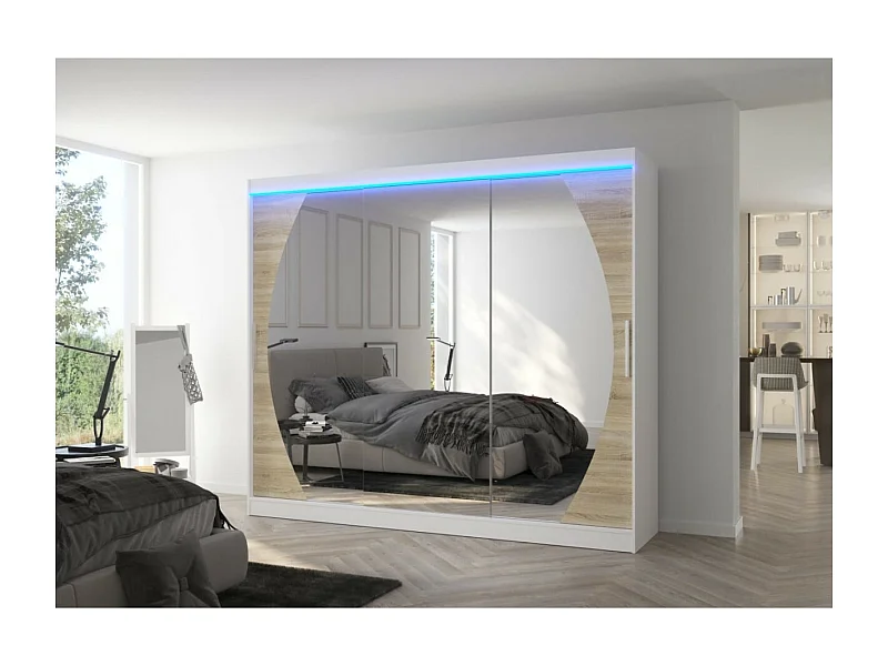 Armadio Bambe Lux (250cm)/ante scorrevoli/specchio/LED/Bianco&Sonoma