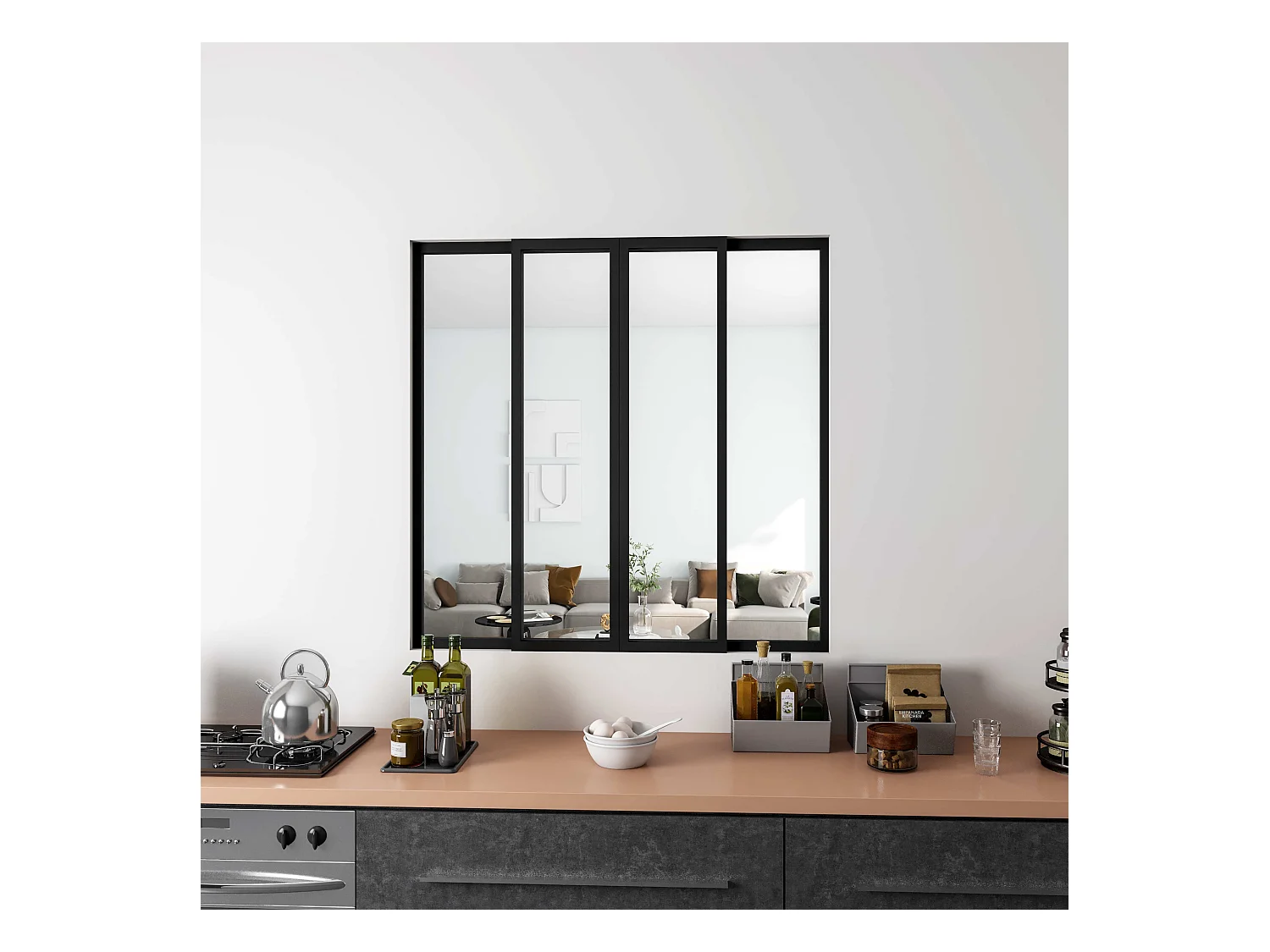 AICA Verrière Atelier Coulissante en Aluminium Noir – L123xH108cm, 4 Panneaux en 4mm Verre Trempé, Séparation Élégante Cuisine / Salon
