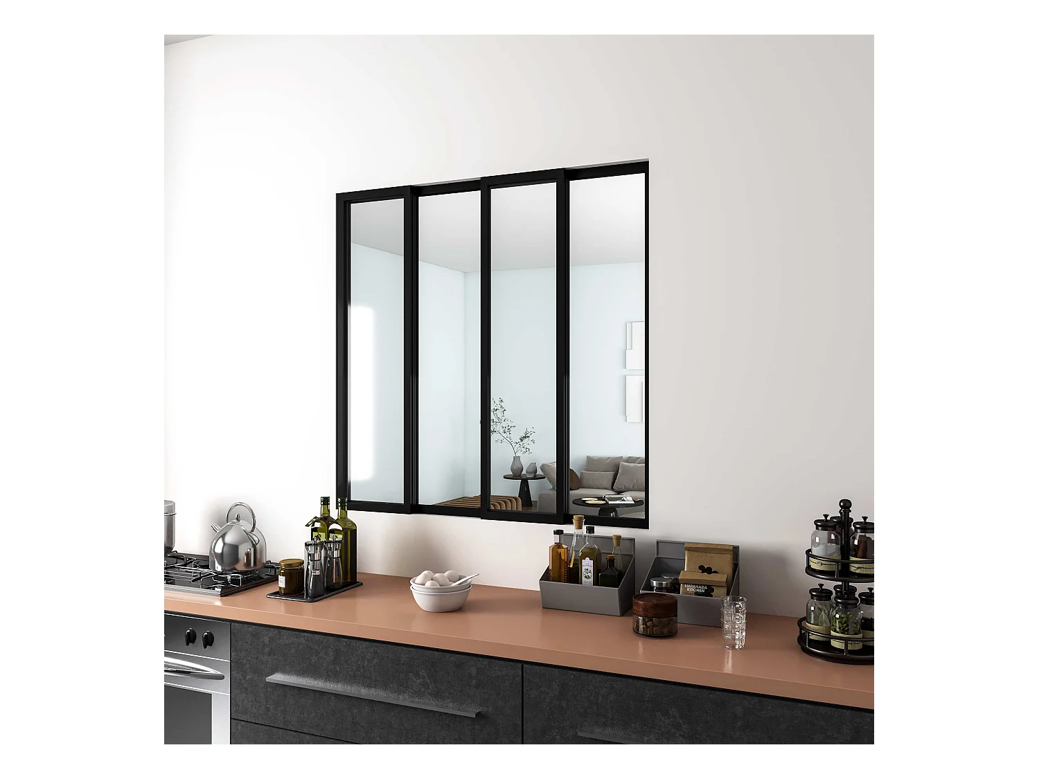 AICA Verrière Atelier Coulissante en Aluminium Noir – L123xH108cm, 4 Panneaux en 4mm Verre Trempé, Séparation Élégante Cuisine / Salon