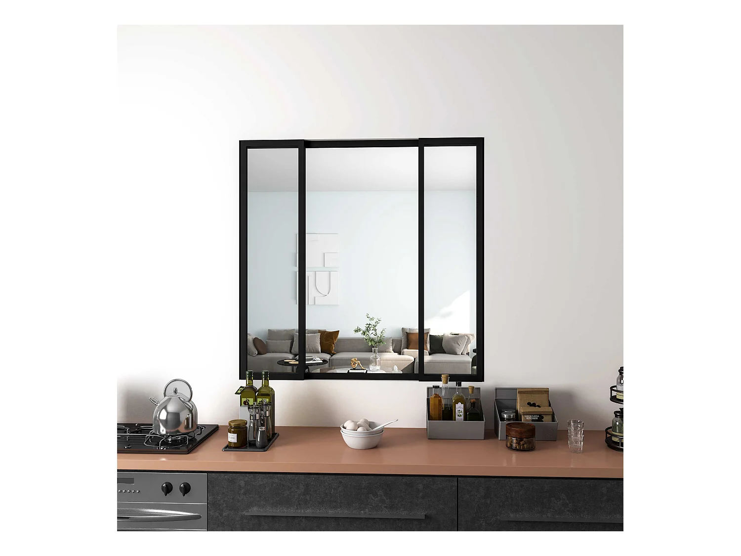 AICA Verrière Atelier Coulissante en Aluminium Noir – L123xH108cm, 4 Panneaux en 4mm Verre Trempé, Séparation Élégante Cuisine / Salon