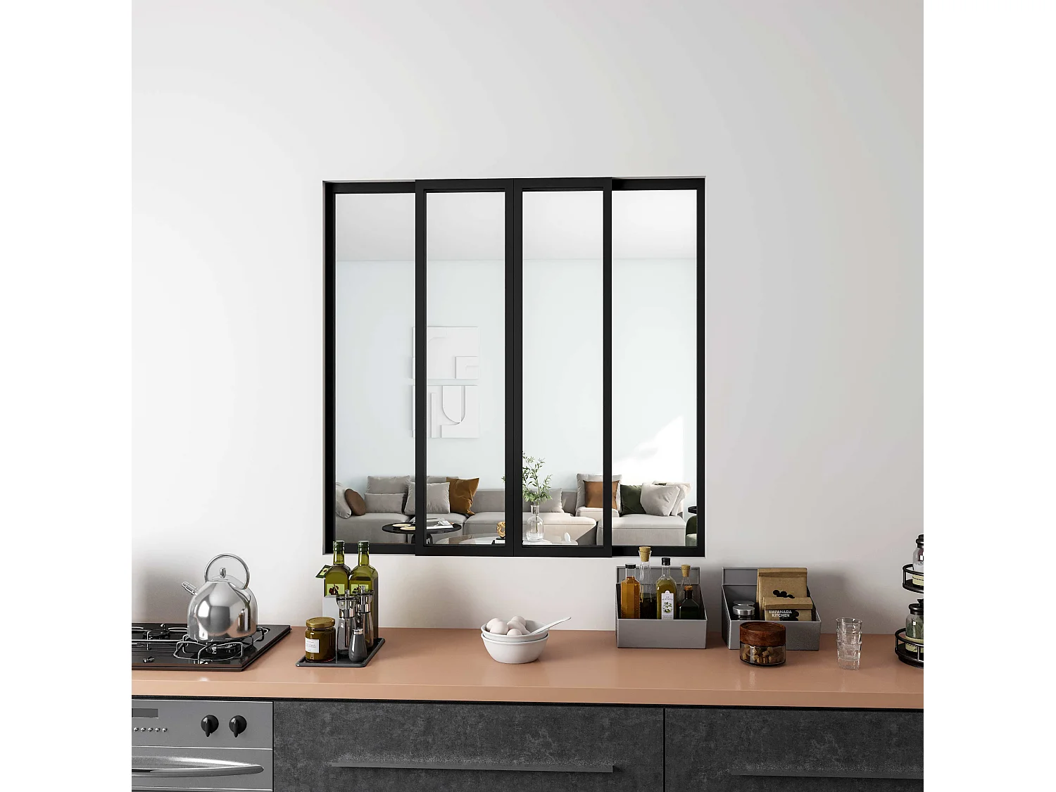 AICA Verrière Atelier Coulissante en Aluminium Noir – L123xH108cm, 4 Panneaux en 4mm Verre Trempé, Séparation Élégante Cuisine / Salon