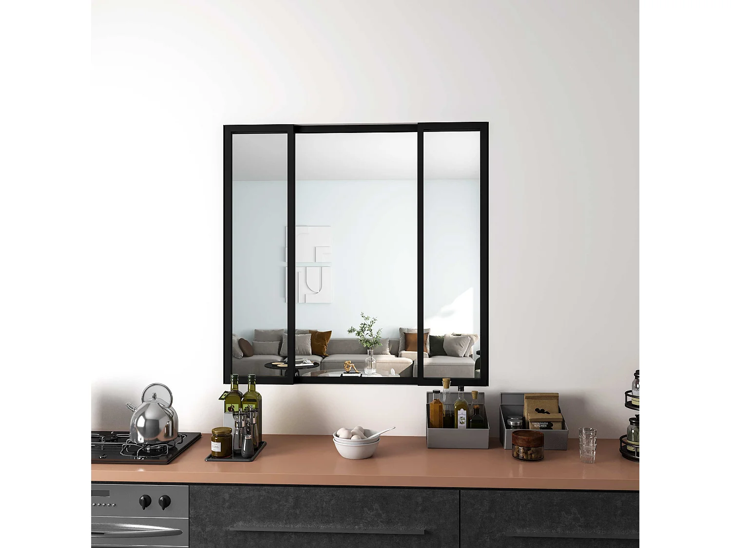 AICA Verrière Atelier Coulissante en Aluminium Noir – L123xH108cm, 4 Panneaux en 4mm Verre Trempé, Séparation Élégante Cuisine / Salon