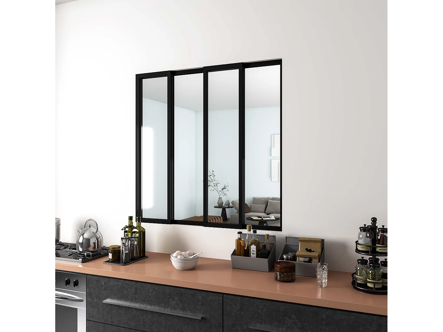 AICA Verrière Atelier Coulissante en Aluminium Noir – L123xH108cm, 4 Panneaux en 4mm Verre Trempé, Séparation Élégante Cuisine / Salon