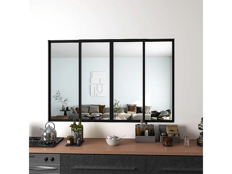 AICA Verrière Atelier Coulissante en Aluminium Noir – L183xH108cm, 4 Panneaux en 4mm Verre Trempé, Séparation Élégante Cuisine / Salon