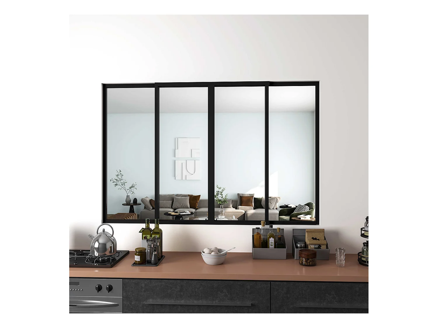 AICA Verrière Atelier Coulissante en Aluminium Noir – L183xH108cm, 4 Panneaux en 4mm Verre Trempé, Séparation Élégante Cuisine / Salon