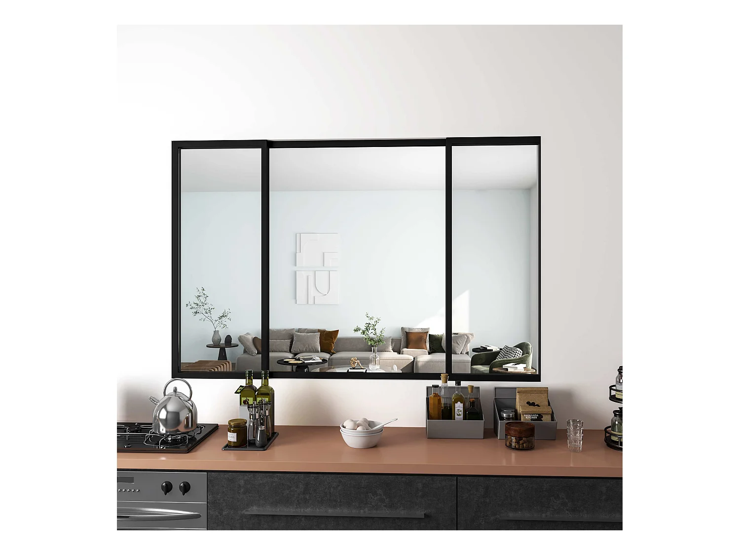 AICA Verrière Atelier Coulissante en Aluminium Noir – L183xH108cm, 4 Panneaux en 4mm Verre Trempé, Séparation Élégante Cuisine / Salon