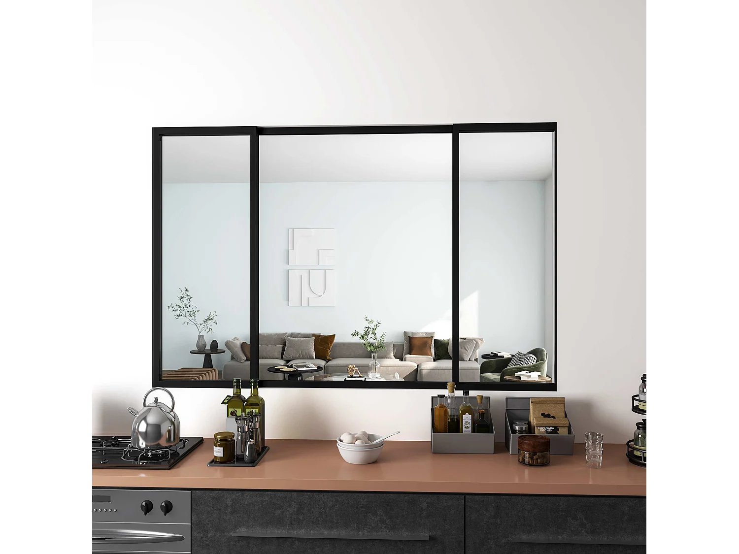 AICA Verrière Atelier Coulissante en Aluminium Noir – L183xH108cm, 4 Panneaux en 4mm Verre Trempé, Séparation Élégante Cuisine / Salon