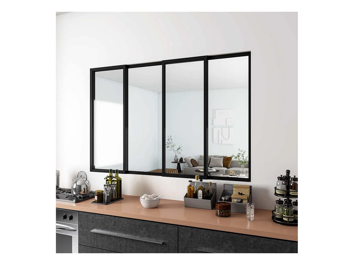 AICA Verrière Atelier Coulissante en Aluminium Noir – L183xH108cm, 4 Panneaux en 4mm Verre Trempé, Séparation Élégante Cuisine / Salon