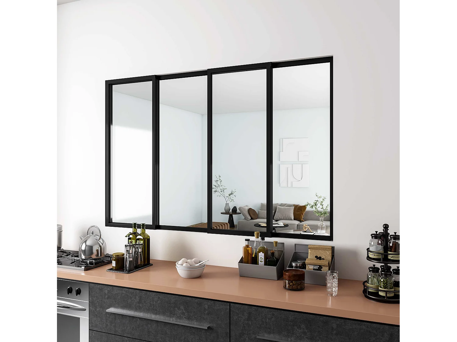 AICA Verrière Atelier Coulissante en Aluminium Noir – L183xH108cm, 4 Panneaux en 4mm Verre Trempé, Séparation Élégante Cuisine / Salon